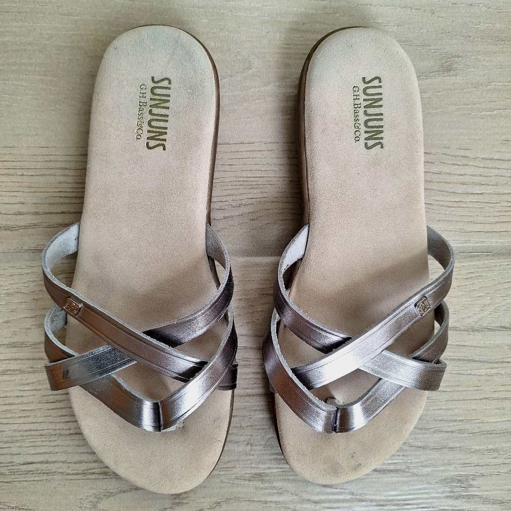 GH Bass Co Sunjuns Sharon Silver Leather Strappy Flat Sandals Thong Size 6.5 - Picture 4 of 8